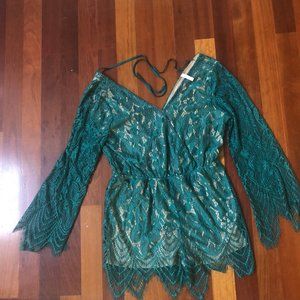 Xhilaration Green Lace Romper with Beige Undertone